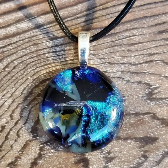 Dichroic Fused Art Glass Round Blue Black Pendant Black Leather Cord Necklace D - Picture 5 of 8